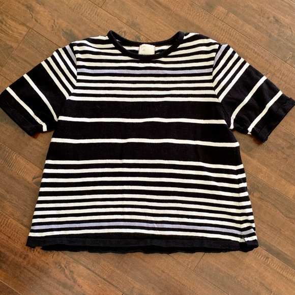 Anthropologie Postmark Black, White and Blue Striped Short Sleeve Sweater SZ- S - Picture 2 of 7